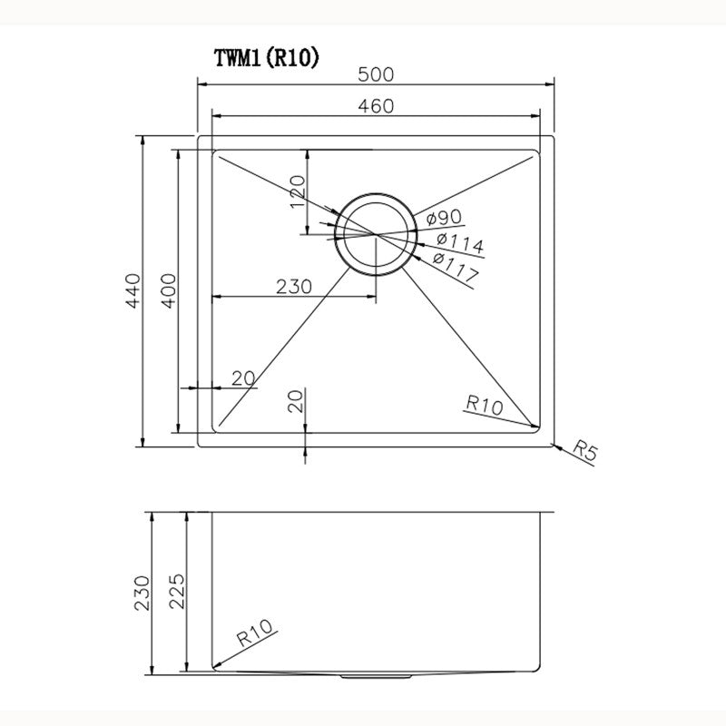 500x440x230mm Chrome Stainless Steel Single Bowl Kitchen Sink