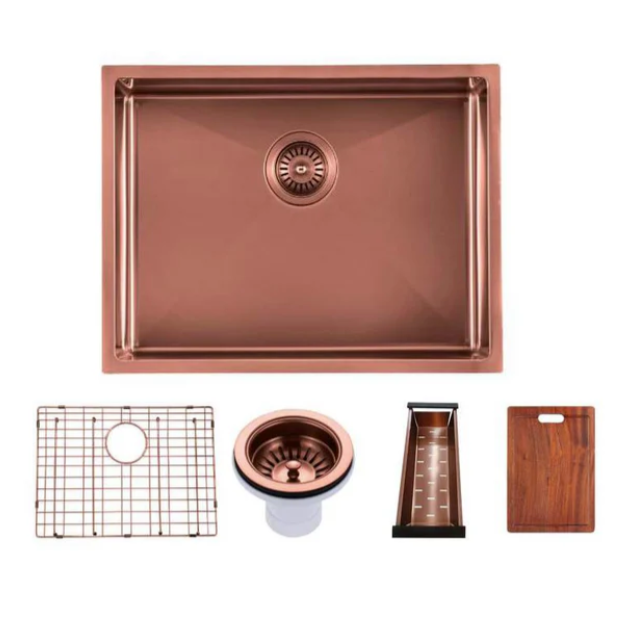 304 Stainless Steel Satin Single Bowl Kitchen Sink(Round Edges,with Bottom Tray) Rose Gold 600x450x230mm