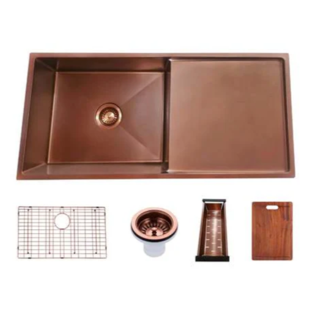 304 Stainless Steel Hand-made Single Bowl Kitchen Sink(Round Edges) Rose Gold 960x450x230mm