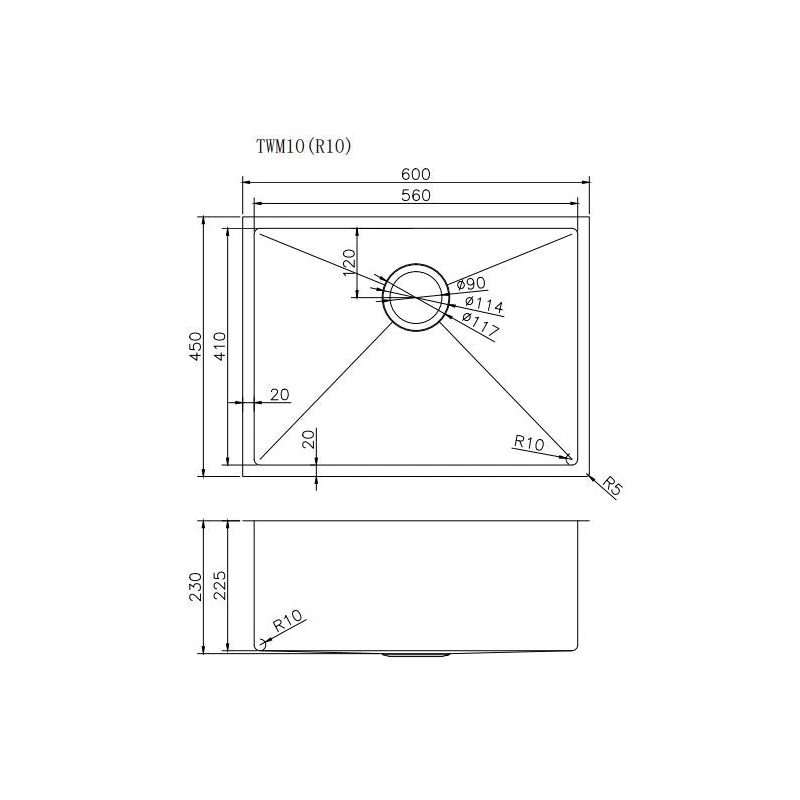 304 Stainless Steel Hand-made Single Bowl Kitchen Sink(Round Edges) Chrome 600x450x230mm