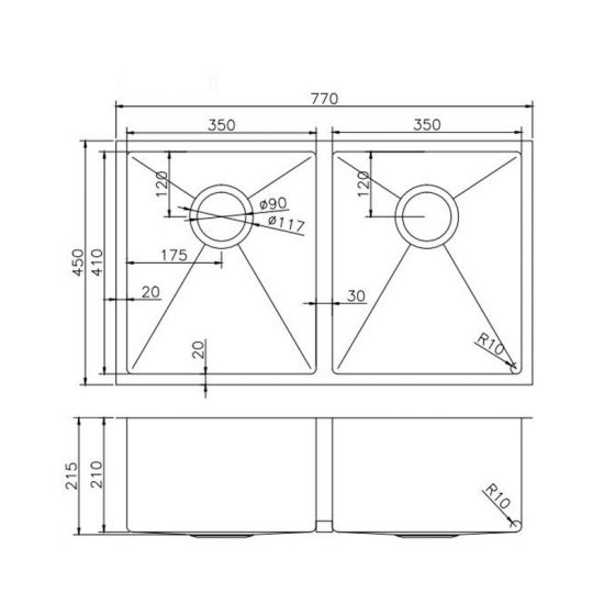 770x450x215mm Gunmetal Stainless Steel PVD Double Bowl Kitche Sink