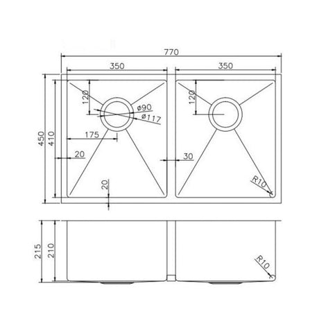 770x450x215mm Gunmetal Stainless Steel PVD Double Bowl Kitche Sink