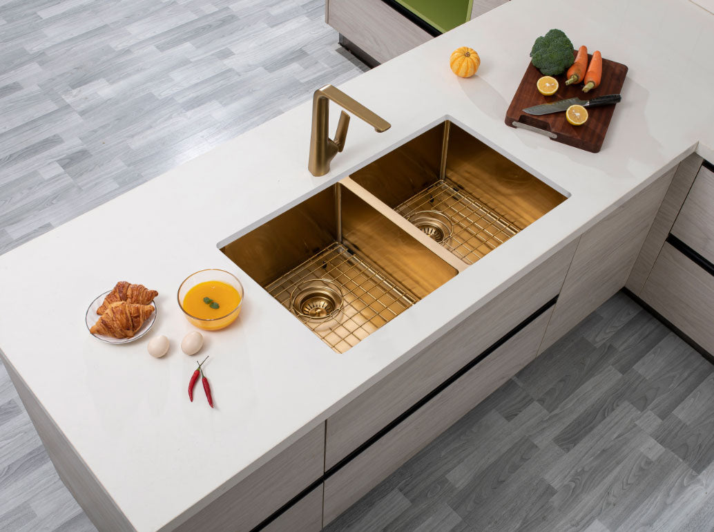 770x450x215mm Brushed Brass Stainless Steel PVD Double Bowl Kitche Sink