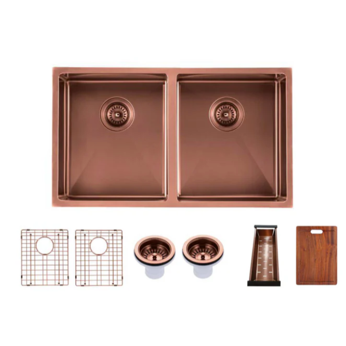 304 Stainless Steel Satin Double Bowl Kitchen Sink(Round Edges,with Bottom Tray) Rose Gold 770x450x215mm