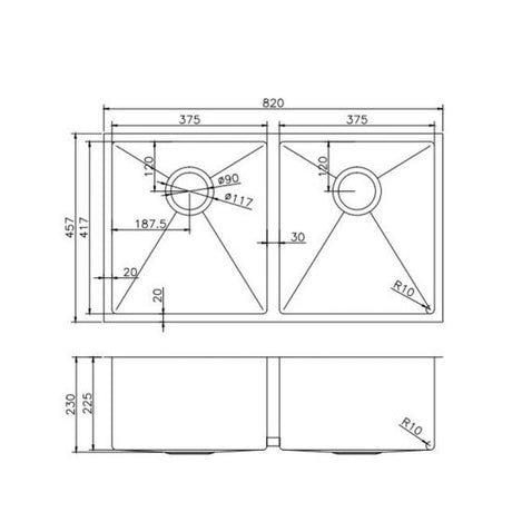 820x457x230mm Brushed Brass Stainless Steel PVD Double Bowl Kitchen Sink