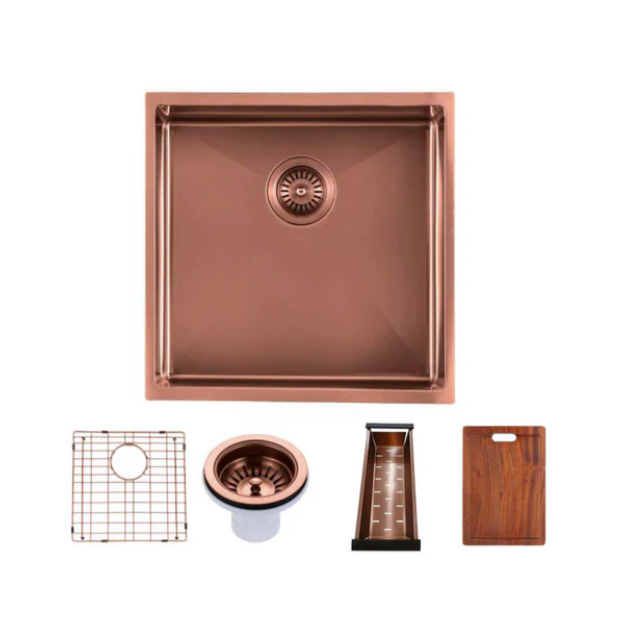 304 Stainless Steel Satin Single Bowl Kitchen Sink(Round Edges,with Bottom Tray) Rose Gold 440x440x205mm