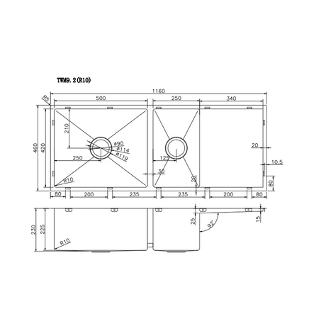 305 Stainless Steel Hand-made Double Bowl Kitchen Sink(Round Edges) (with Drainer) Chrome 1160x460x230mm