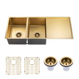 304 Stainless Steel PVD Coating Double Bowl Kitchen Sink(Round Edges) (with Drainer) Brushed Gold 1160x460x230mm