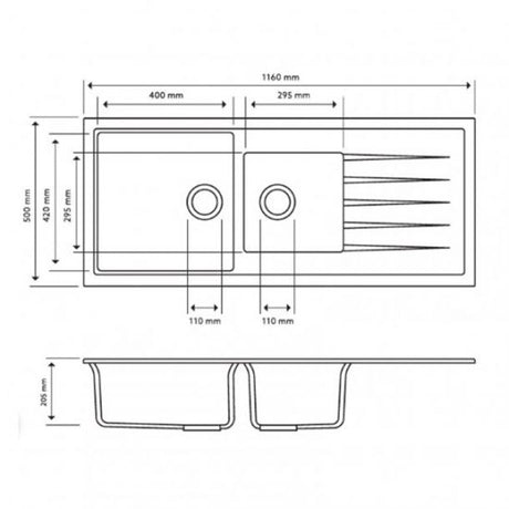 1160x500mm Black Granite 1 & 1/2 Bowl Kitchen Sink