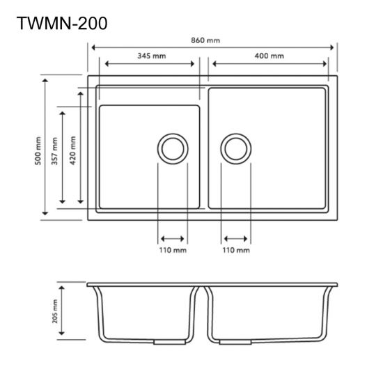 860x500x200mm Concrete Grey Granite 1 & 3/4 Bowl Kitchen Sink