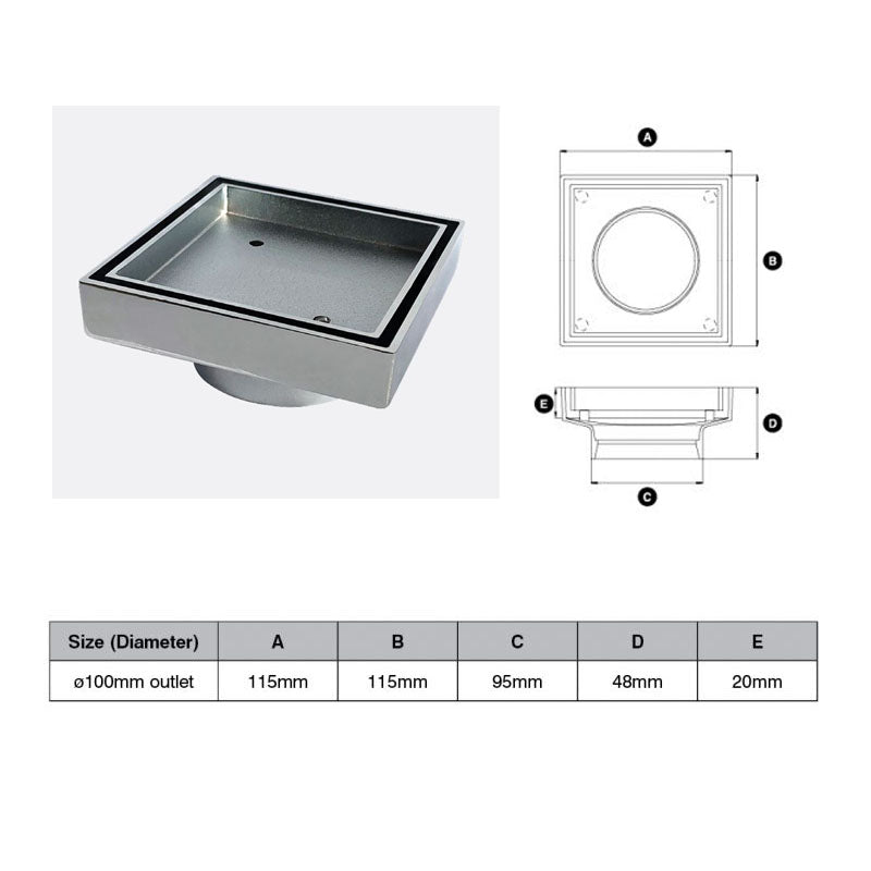Brushed Nickel Tile Insert Drain (Watermarked) 100mm Dia Outlet 115 x 115mm