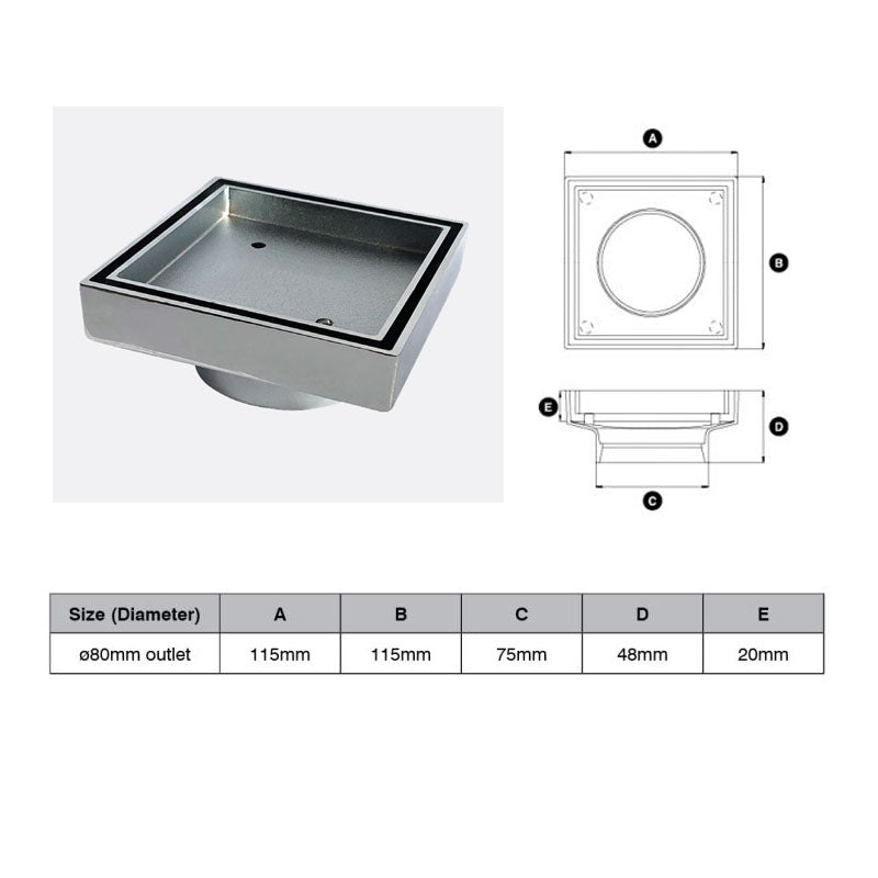Brass Chrome Plated Tile Insert Drain (Watermarked) 80mm Dia Outlet 115 x 115mm