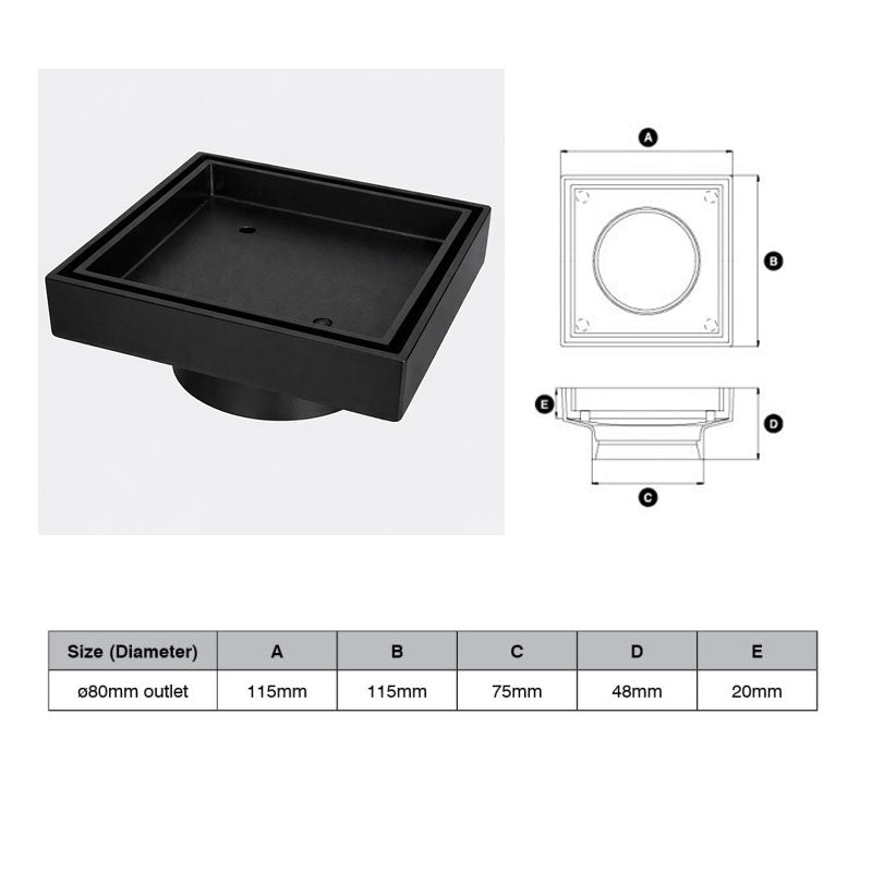 Matte Black Tile Insert Drain (Watermarked) 80mm Dia Outlet 115 x 115mm