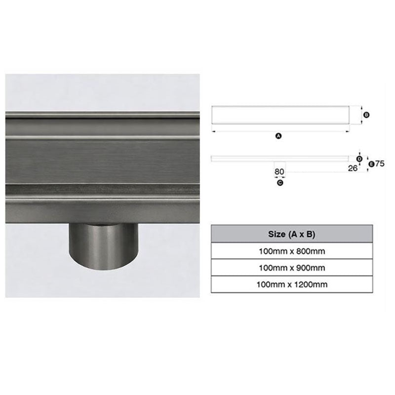 317 Stainless Steel Grate - Tile Insert Profile 76mm Dia Outlet, Stainless Steel Filter, Watermarked - Brushed Gunmetal Finish 100mm x 800mm