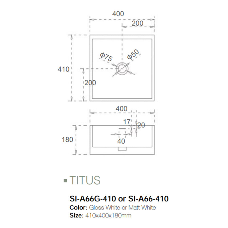 Solid Surface Basin Series Titus Above Counter Gloss White 410x400x180mm