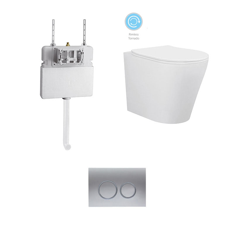 BRAVO Rimless In Wall Cistern Toilet Suite Chrome Round Button