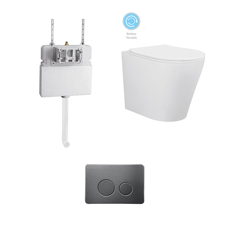BRAVO Rimless In Wall Cistern Toilet Suite Gun Metal Round Button