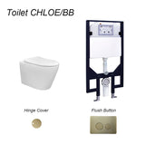 CHLOE Rimless In Wall Cistern Toilet Suite Wall Hung Pan R&T Cistern Brushed Brass Round Button