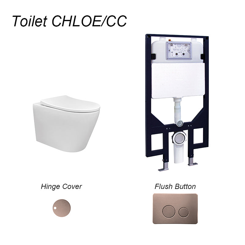 CHLOE Rimless In Wall Cistern Toilet Suite Wall Hung Pan R&T Cistern Champagne Copper Round Button