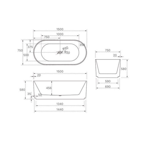Trina Freestanding Bathtub Gloss White 1500x750x580mm
