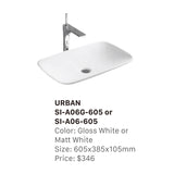 Solid Surface Basin Series Urban Above Counter Gloss White 605x385x105mm