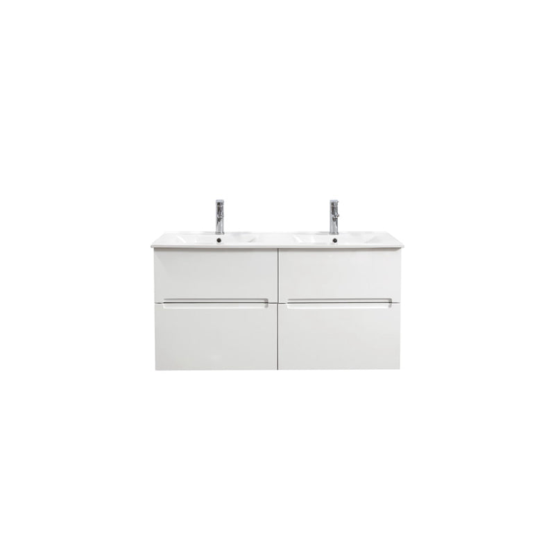 BELLA 1200 Wall Hung Vanity with Double Bowl Ceramic Top 1 Tap Hole 2 Soft Closing Drawers White Gloss Finish 1190x455x600mm