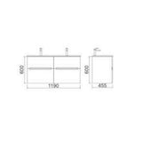 BELLA 1200 Wall Hung Vanity with Double Bowl Ceramic Top 1 Tap Hole 2 Soft Closing Drawers White Gloss Finish 1190x455x600mm