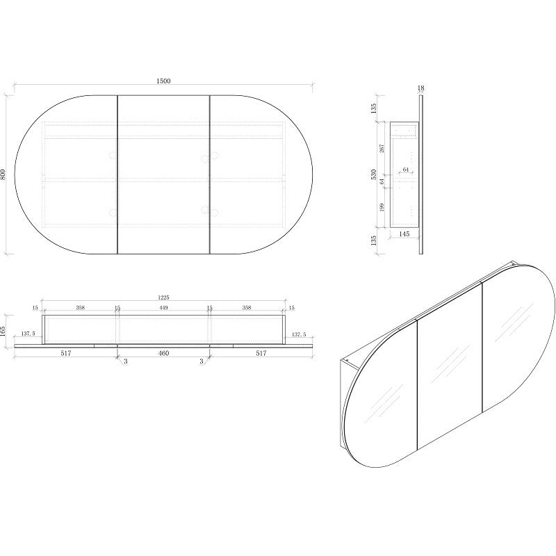 MILAN 1500 Wall Hung Vanity Double Bowls with Stone Top 1490x500x460mm