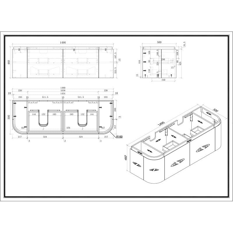 MILAN 1500 Wall Hung Vanity Double Bowls with Stone Top 1490x500x460mm