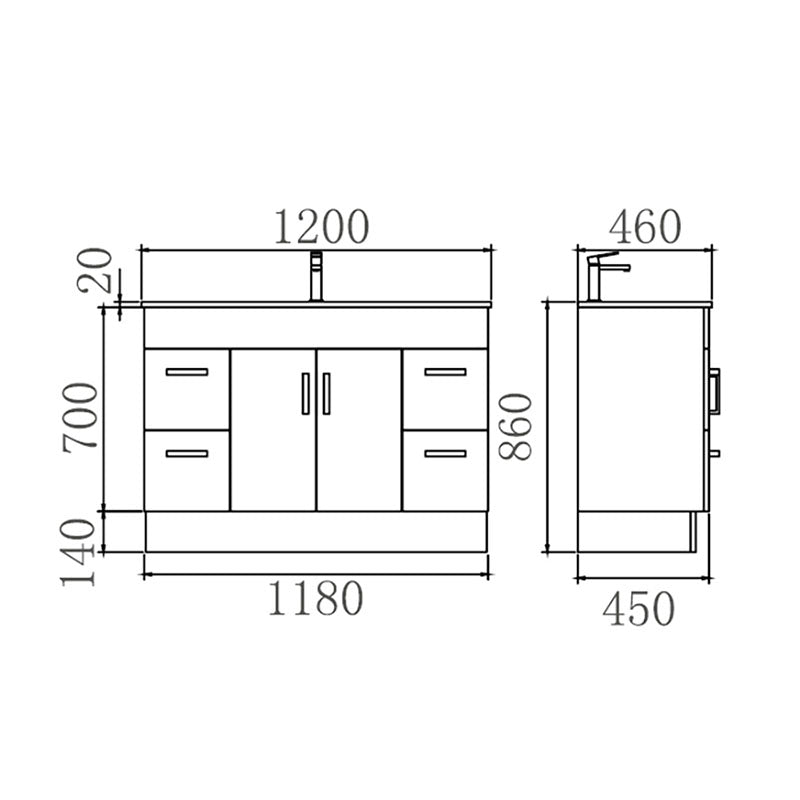 NOVO 1200 Solid Door Vanity with Ceramic Top 1180x860x450mm