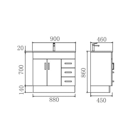 NOVO 900 Solid Door Vanity with Ceramic Top 880x860x450mm