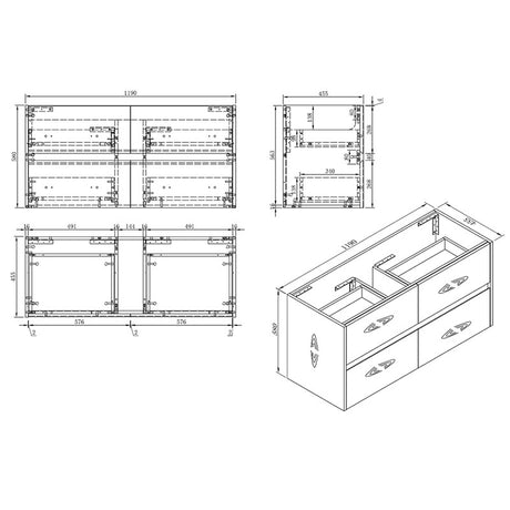 NUTRO 1200 Wall Hung Vanity with Double Bowl Ceramic Top 1190x580x455mm