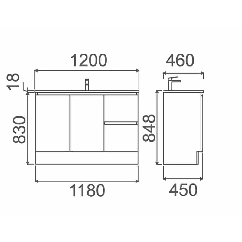 ROXIO 1200 Vanity with Ceramic Top - LHD or RHD 1180x800x450mm