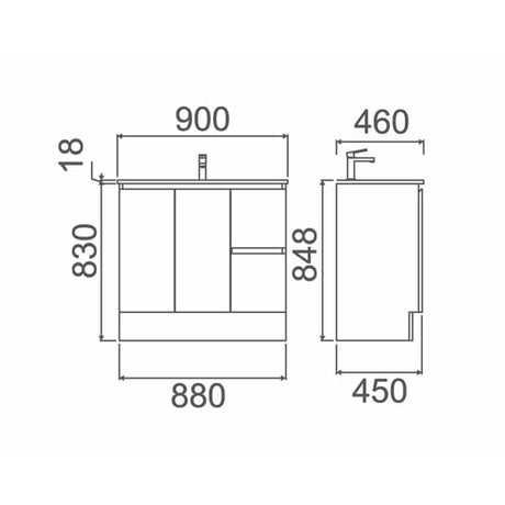 ROXIO 900 Vanity with Ceramic Top - LHD or RHD 880x800x450mm