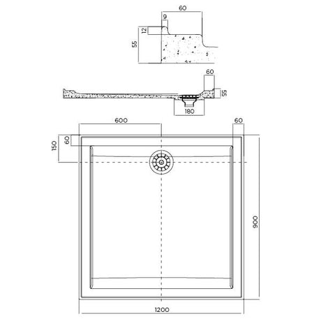 Vue Polyamrble base 900x900 with rear waste outlet and white dome cover