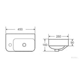 MILAN Wall Hung Basin with Brackets - LH Tap Hole Gloss White 450x260x160mm