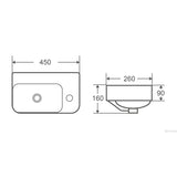 MILAN Wall Hung Basin with Brackets - RH Tap Hole Gloss White 450x260x160mm