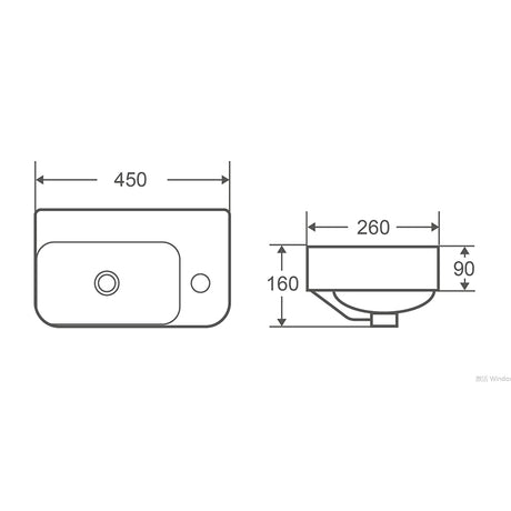 MILAN Wall Hung Basin with Brackets - RH Tap Hole Gloss White 450x260x160mm