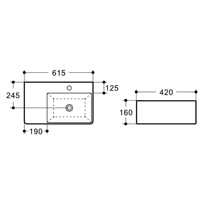 URBANO Wall Hung Basin with Brackets - RHB 615x420x160mm