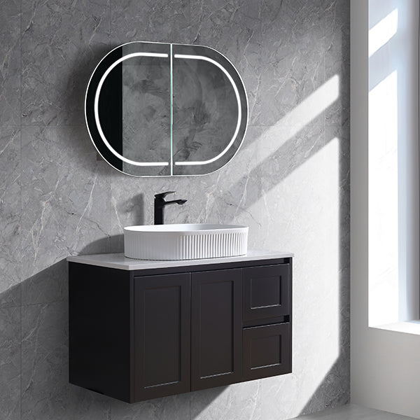 Vintage (Hung) Series Single Bowl Right Hand Drawer Matt Black Overall 900mm Vanity Set With Ceramic Slimline Top