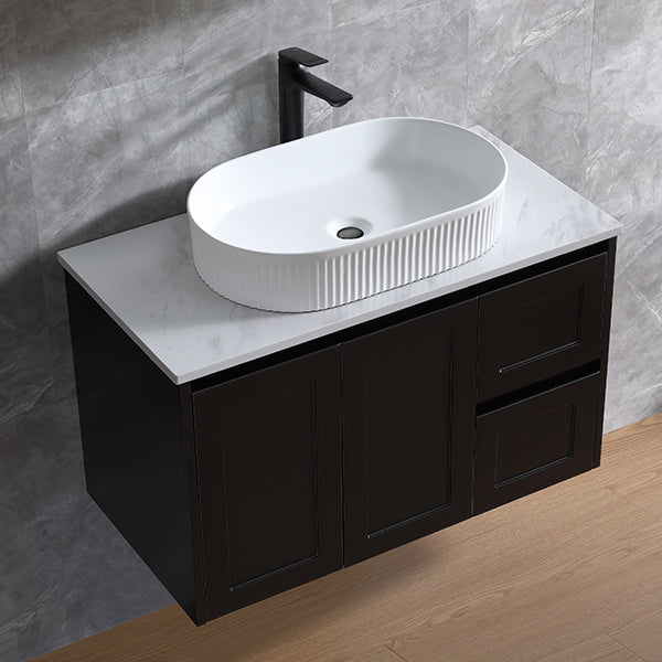 Vintage (Hung) Series Single Bowl Right Hand Drawer Matt Black Overall 900mm Vanity Set With Ceramic Slimline Top