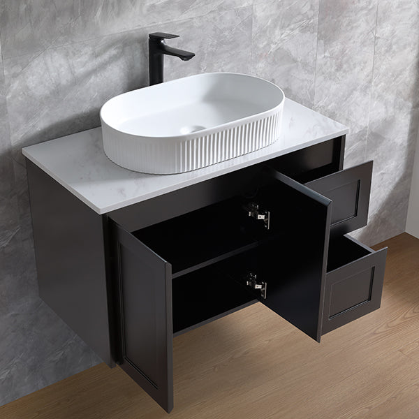 Vintage (Hung) Series Single Bowl Right Hand Drawer Matt Black Overall 900mm Vanity Set With Ceramic Slimline Top
