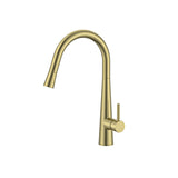 JESS Goose Neck Sink Mixer with Pull Out Magnet Head in Brushed Brass