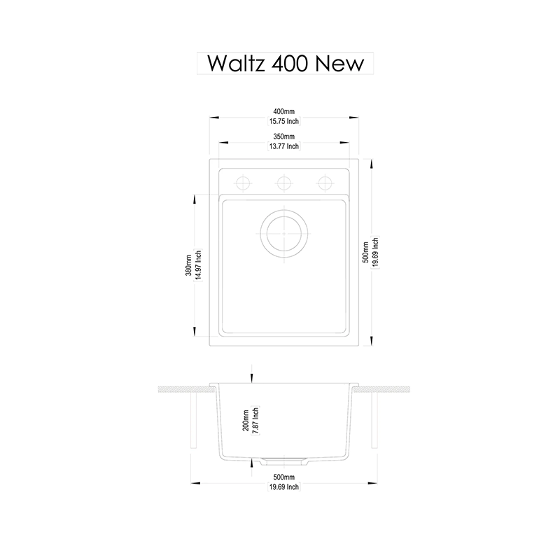 Carysil Waltz Single Bowl Granite Kitchen Sink Black 400x500mm