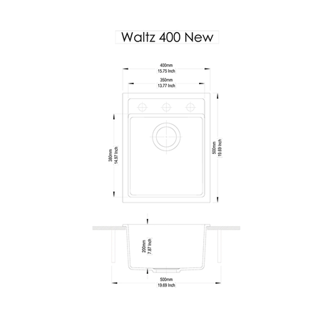 Carysil Waltz Single Bowl Granite Kitchen Sink Black 400x500mm