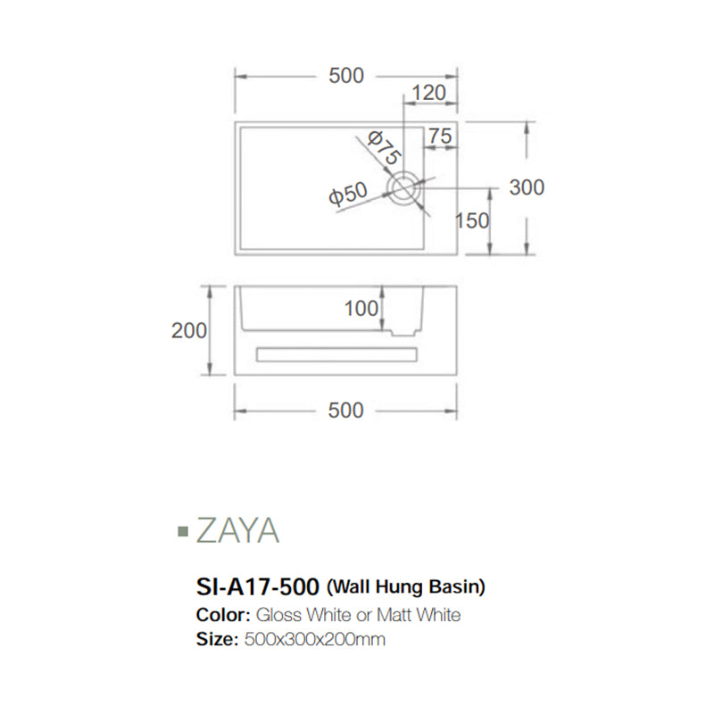 Solid Surface Basin Series Zaya Wall Mounted Gloss White 500x300x200mm