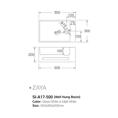 Solid Surface Basin Series Zaya Wall Mounted Gloss White 500x300x200mm