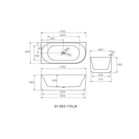 Anika Freestanding Bathtub Left/Right Side O/F 1700x800x580mm