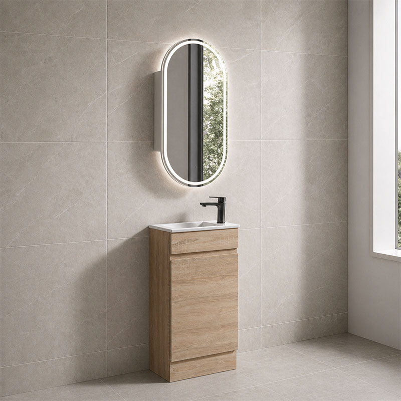 Blair Series Slimline Freestanding Natural Timber 453x247x855mm Vanity Set with Ceramic Top Basin