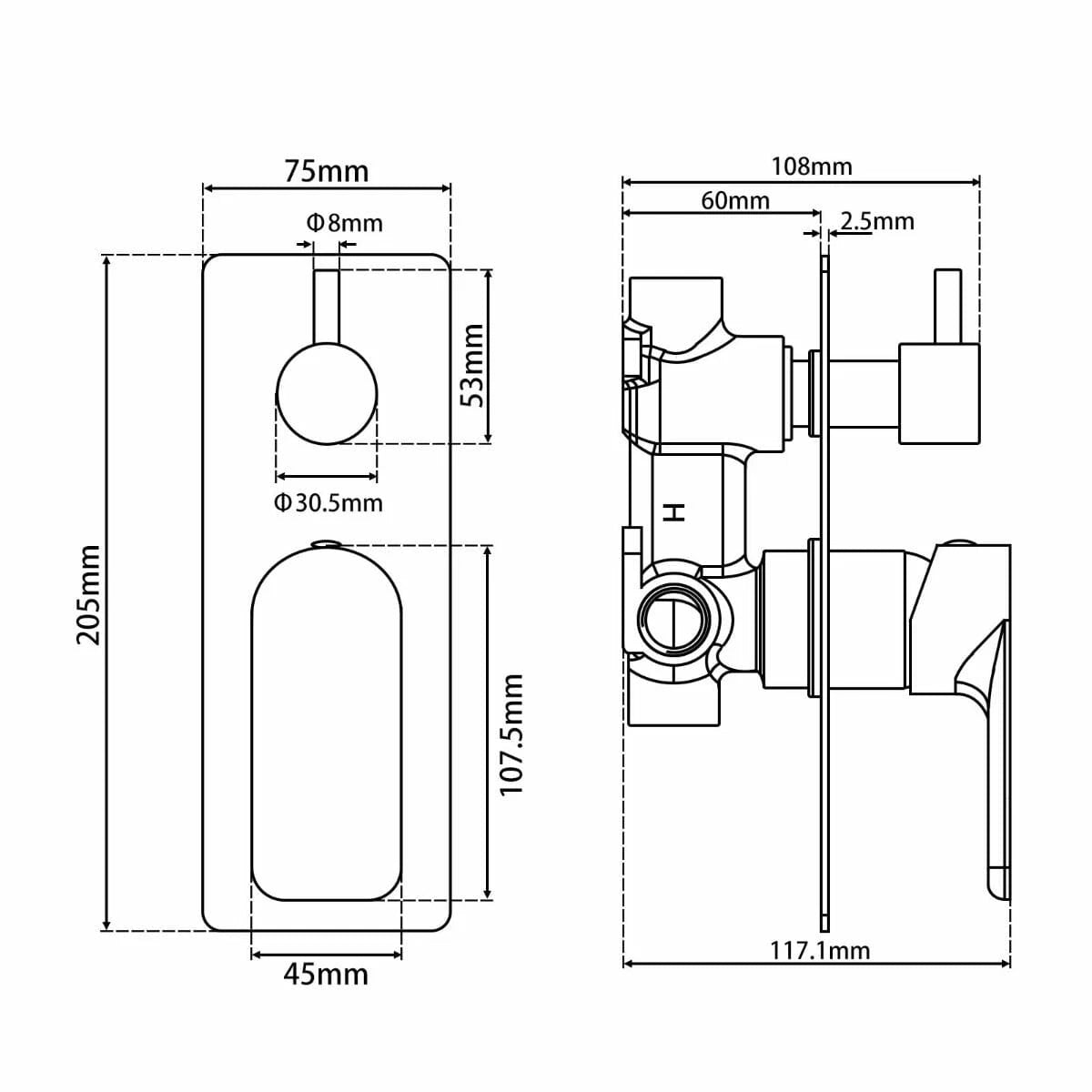 VOG Solid Brass Chrome Bath/Shower Wall Mixer with Diverter Wall Mounted